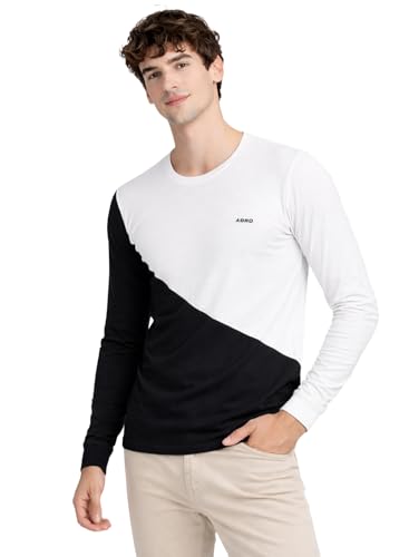 Image of ADRO Men's Full Sleeve T-Shirt Navy Grey Colorblock | Cotton Round Neck Casual Tshirt | Regular Fit Stylish T Shirt