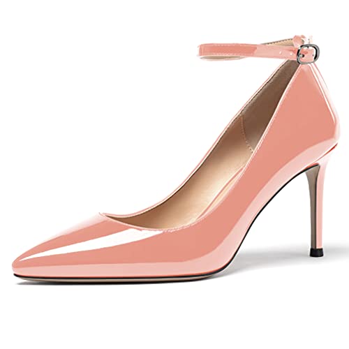 MODENCOCO Women's Buckle Pointed Toe Ankle Strap Patent Leather Stiletto High Heel Pumps Office Work Shoes 3.5 Inch2