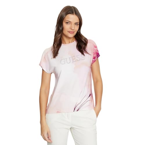 GUESS Womens Eco Short Sleeve Logo Kimono Tee, Cream White Multi, Extra Small
