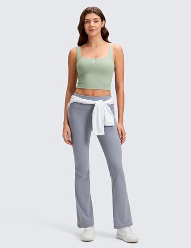Image of CRZ YOGA Ribbed Henley Crop Tank Tops | Medium Support, Removable Pads, Casual, Square Back, Wide Straps, Longline Sports Bras for Women