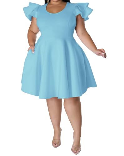 Image of IyMoo Women's Plus Size Cape Flutter Sleeve Stretchy A Line Swing Flared Skater Cocktail Party Dress with Pockets