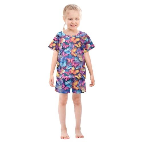 ALAZA Butterfly Color Beautiful Pajamas Set Short Sleeve Cotton Sleepwear Summer Pjs 2 Piece 5-14Y3