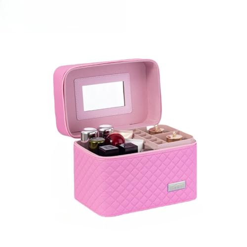 「Jiasemine」メイクボックス コスメボックス 大容量 化粧箱 収納ケース 小物入 ブラック ミラー付 (ピンク,27*18*24cm)