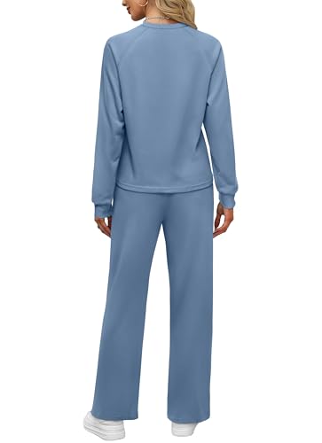 REORIA Damen V-Ausschnitt Jogginganzug Zweiteiler Trainingsanzug Hausanzug Sport Set Elegantes Outfit Lounge Set Grau Blau L