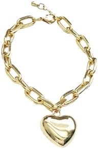 Gold Heart Round Puff Charm Bracelet Paperclip Chain Thick Statement Gift For Her