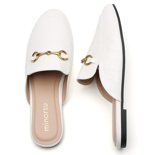 Image of Minorsu Buckle Mules for Women Flats Loafers Shoes for Work Office Business | Slip on,Round Toe,Backless,Slides, Casual