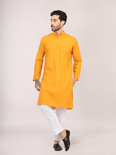 Image of HUZUR Men's Cotton Full Sleeve Long Knee Length Kurta Pajama Comfortable Wear for Festival and Occasion like Holi,Diwali,Eid,Haldi,Mehendi and Wedding