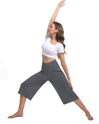 3 PACK Womens Wide Leg Yoga Capris Crossover High Waist Casual Capri Pants Loose Soft Pajama Pockets Sweatpants4