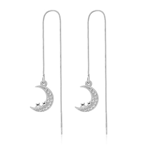 Meissa Silver Threader Chain Dangle Earrings for Women, Hypoallergenic Moon Charm Long Earrings Dainty Chain Earrings, Silver