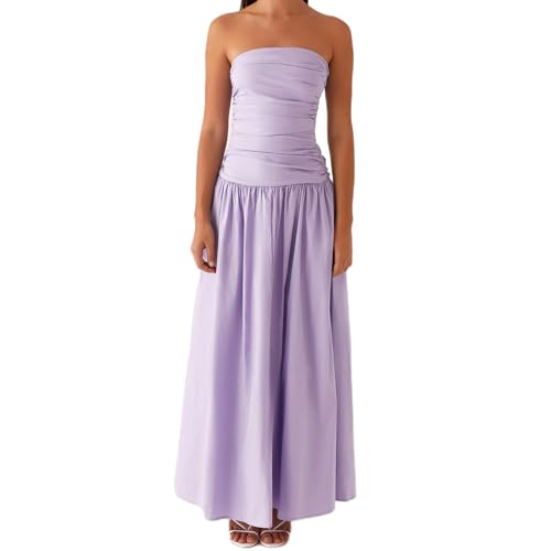Image of Women Tube Top Maxi Dress Summer Strapless Backless Bodycon Long Bandeau Dress Elegant Off Shoulder A Line Dresses