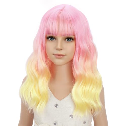 Image of PATTNIUM Girls Pink Ombre Yellow Wig with Bangs Kids Short Wavy Curly Wig Pink and Yellow Bob Wigs Synthetic Halloween Costume Cosplay Party Wigs