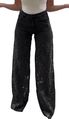 loveimgs Womem Baggy Lace Patchwork Hollow Out Denim Pants High Rise Wide Leg Floral Cutout Floor Length Jeans Pockets Zipper