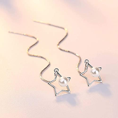 Pendientes de botón joyería mujer plata 925 largos con estrella y perla esférica 3