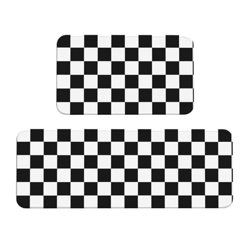 Sovvin Black and White Checkered Kitchen Rugs Microfiber Floor Mats Checkerboard Cushioned Carpet Runner Rug for Laundry Bathroom Living Room, 2 Piece Set 17'X 47' + 17'X 30'