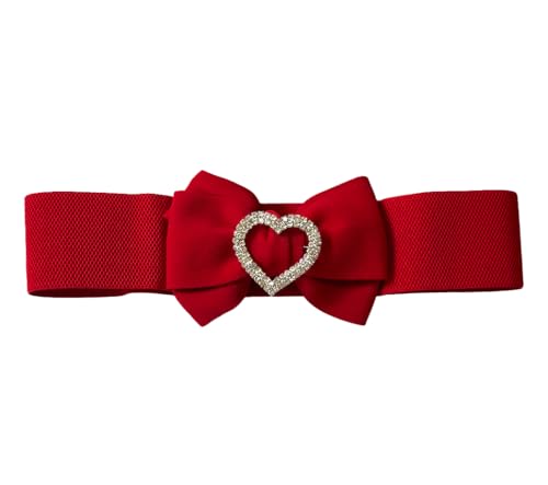 Women's Bow Knot Wide Elastic Waist Belt Stretchy Waistband with Heart-Shaped Rhinestone