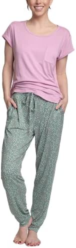 Hanes Women's Short Sleeve Top and Jogger Pajama Pants, Pink/Dot, Large