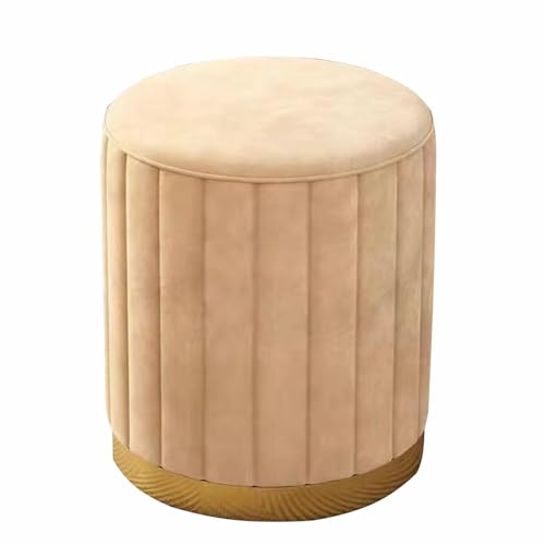 Image of Round Upholstered Velvet Ottoman Seating Stool with Gold Metal Base Multifunctional Makeup Vanity Chair Soft Compact Padded Foot Rest Stool for Living Room Bedroom Yellow