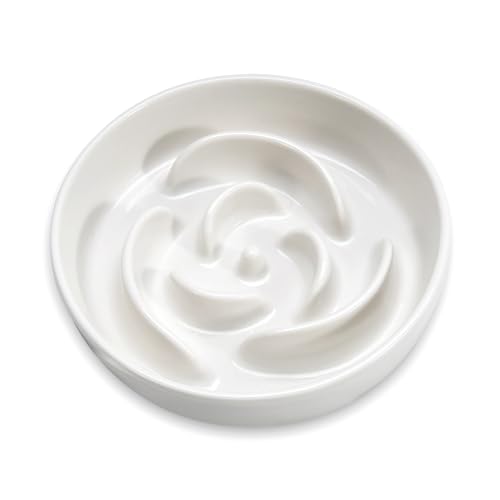 P-ZOONPE Ceramic Slow Feeder Dog Bowl for Medium Breed, 1.5 Cup Raised Pet Bowl for Fun Eating, White