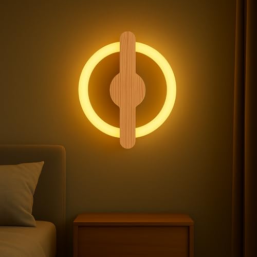 Image of Wooden Ring LED Wall Lamp | 2-in-1 Rotatable Wall Mounting Design | Decorative Wall Sconce for Bedroom, Living Room, Office, Hotels & Restaurants | Warm White Glow | Modern Home Decor