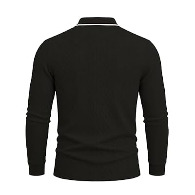 Mens Cable Knit Polo Shirt Quarter Zip Long Sleeve Collared Sweatshirts Comfy Breathable Fall Winter Pullover Top Black