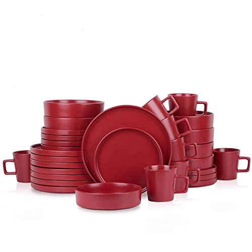 Image of Stone Lain Cleo Stoneware 32-Piece Modern Dinnerware Set, Plates and Bowls, Red, Service for 8, Microwave & Dishwasher Safe