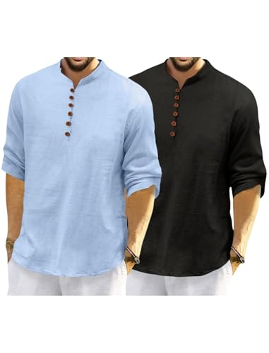Image of Macsivo Men's Cotton Blend Kurta with Solid Band Collar Full Sleeve Button Closure Regular Fit Curved Hem Length | Kurta for Man | Combo Pack of 2
