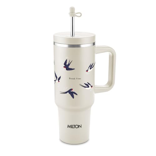 Image of MILTON My Tumbler Studio 1200 Thermosteel Double Wall Vacuum Insulated SS Tumbler with Handle 1100ml, Leak Proof Travel Mug, Straw, Silicon Cap Cleaning Brush, Hot & Cold Beverage Flask, Ivory Birds