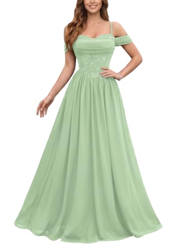MIUSOL Women's Off Shoulder Spaghetti Strap Lace Sequin Bridesmaid Dress