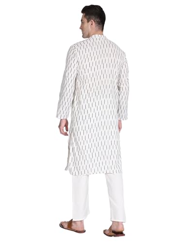 Men's Cotton Handloom Kurta Long Ikat Khadi Kurta Mandarin Collar Full Sleeves Side Split Indian Tunic Ethnic Wear for Wedding Party - Medium (White)4