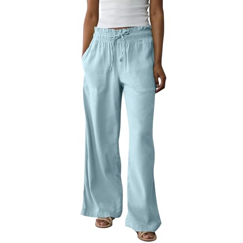 Summer Linen Pants for Women 2025 Work Loose Tie High Elastic Waist Trousers with Pocket Pleated Casual Soft Beach Pants