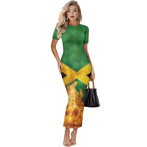 Image of Womens Short Sleeve Jamaican Flag Midi Bodycon Dress | Soft stretchy fabric,crew neck,jamaican print casual date night cocktail party, elegant chic, spring summer fall all season