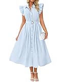 ZESICA Women's Summer Boho Button Midi Dresses 2026 Flutter Sleeve Belted Formal Casual Work Long Dresses with Pockets Light Blue Medium