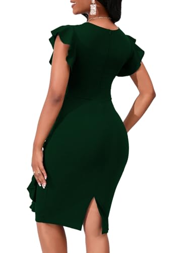 Image of PerZeal Women's 2026 Flutter Sleeve Bodycon Midi Dress Sexy Crew Neck Knit Ruffle Wear to Work Cocktail Party Pencil Dresses