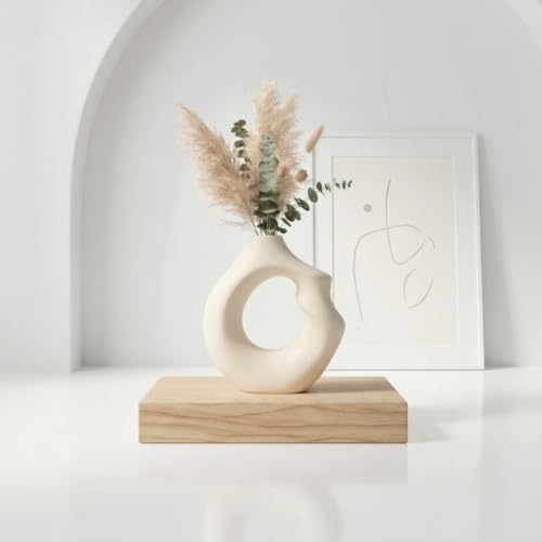 Image of Abstract Ceramic Donut Vase 6 Inch | Modern Nordic Pampas Grass Vase for Home Decor | Decorative Flower Vase for Living Room, Bedroom, Office, Center Table | Matte White