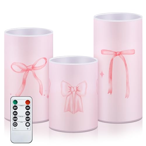 Image of Tujoe 3 Pcs Valentines Flameless LED Candle with Remote Coquette Pink Bow Candles Pillar Candle Set Battery Operated Romantic Valentine Decorations for Home Wedding Bachelorette Bridal Birthday
