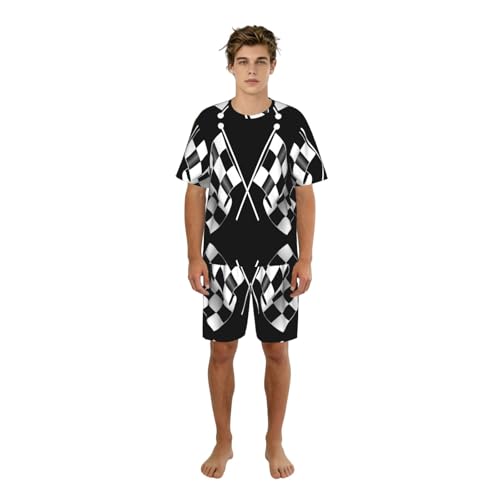 Pyjama d'été hommes à poches et col rond en imprimé damier