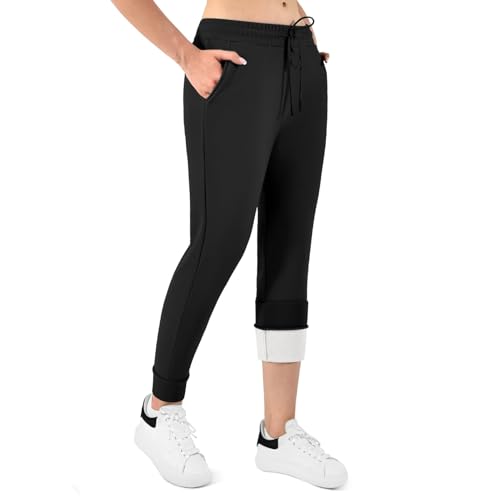 Walifrey Fleece Lined Joggers for Women with Pocket Womens Warm Sweatpants for Winter Hiking Jogging and Workout 1 Pack Black L