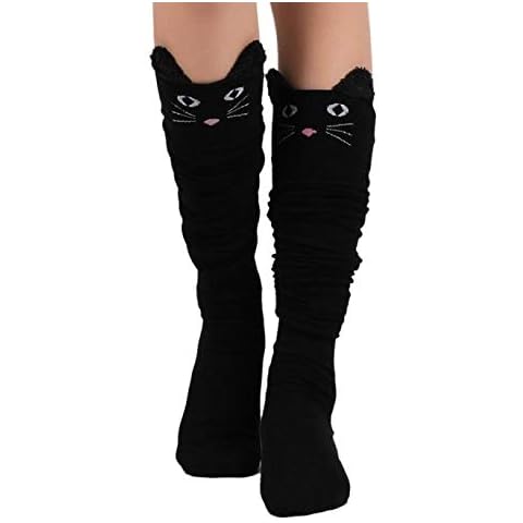 FCMKBT Women Knee-High Socks Cute Cartoon Cotton Socks Solid Boot Socks Warm Thigh High Long Stocking for Girls and Women Daily Wear Black, L Cover