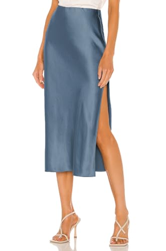 Womens Satin Silk High Waist Slit Midi Skirt Elastic Waistband Midi Skirts for Women