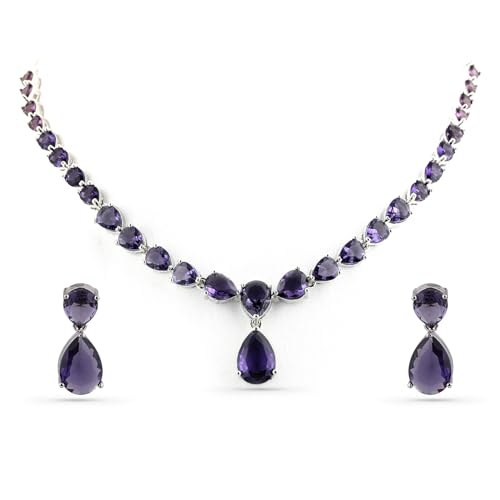 Image of Rubans Necklace Set Rhodium Plated Crystal Studded Jewellery Gift for Women & Girls