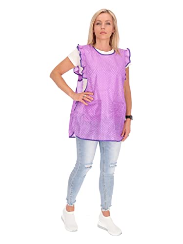 Schuerzenfabrik Überwurfschürze Damen kurz Dederon Chasuble Überwurfkittel ohne Arm gepunktet zum seitlichen Zubinden L lila mit weißen Punkten – Bild 2