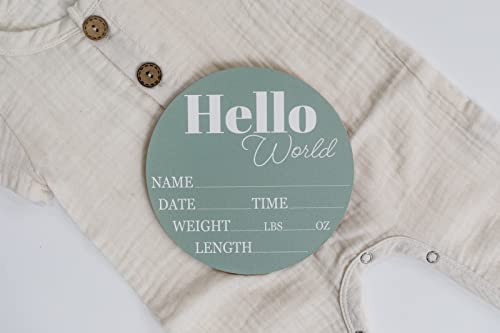 Hickory Hollow Designs - Baby Announcement Sign For Newborn Boys And Girls (Color Bases) - Hello World Nursery Decor Sign & Photo Prop For Babies Made Of Birch Wood - 6" Circle Board (Sage) #TOP2