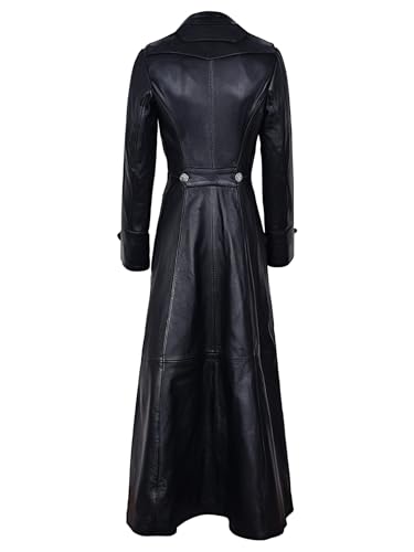 Ladies Black Genuine Leather Trench Coat - Full Length Gothic Rock Style Double Breasted Overcoat4