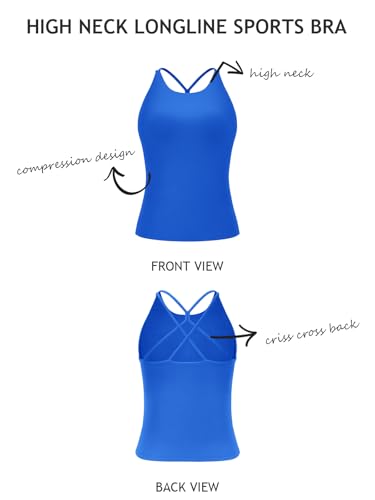 Image of LASLULU Womens High Neck Workout Tank Tops with Built in Bra Strappy Back | Low to Medium Impact,Longline Halter Neck Sports Bra,Fitted Compression,Padded Athletic Yoga Running Gym Pilates Tank Tops