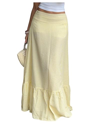 SHENHE Women's Striped Maxi Skirt Ruffle Hem A Line Flowy Summer Beach Vacation Long Skirt