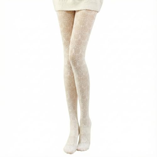 JaGely 1/2/3 Pair White Lace Tights for Women White Fishnet Hollow out Knitted Tights Lolita Stockings Lace Strips Pantyhose (1 Pairs Phoenix Tail Pattern 90g)