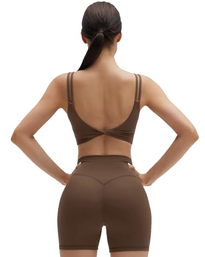 SUUKSESS Womens Workout Set Fitness Yoga Pilates Crop Tank Twist Back Cami High Waisted Tummy Control Bike Short (Dark Brown, M)