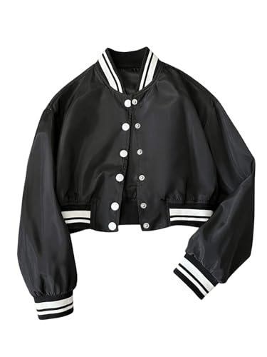 SweatyRocks Girl's Striped Button Down Bomber Jacket Collared Long Sleeve Loose Vintage Jacket Outerwear