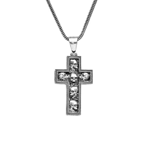 Handmade Skulls In Cross Necklace, Biker Gothic Medieval, 925 Sterling Silver Chain Pendant, Christian Religious Gift Necklace