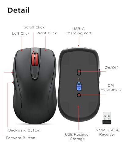 Image of Lenovo USB-C Rechargeable Silent Mouse (WL500) - Silent Buttons, USB-C Rechargeable, Ambidextrous Grip, Adjustable DPI - Plug-and-Play 2.4G Receiver Computer Mouse (Black)